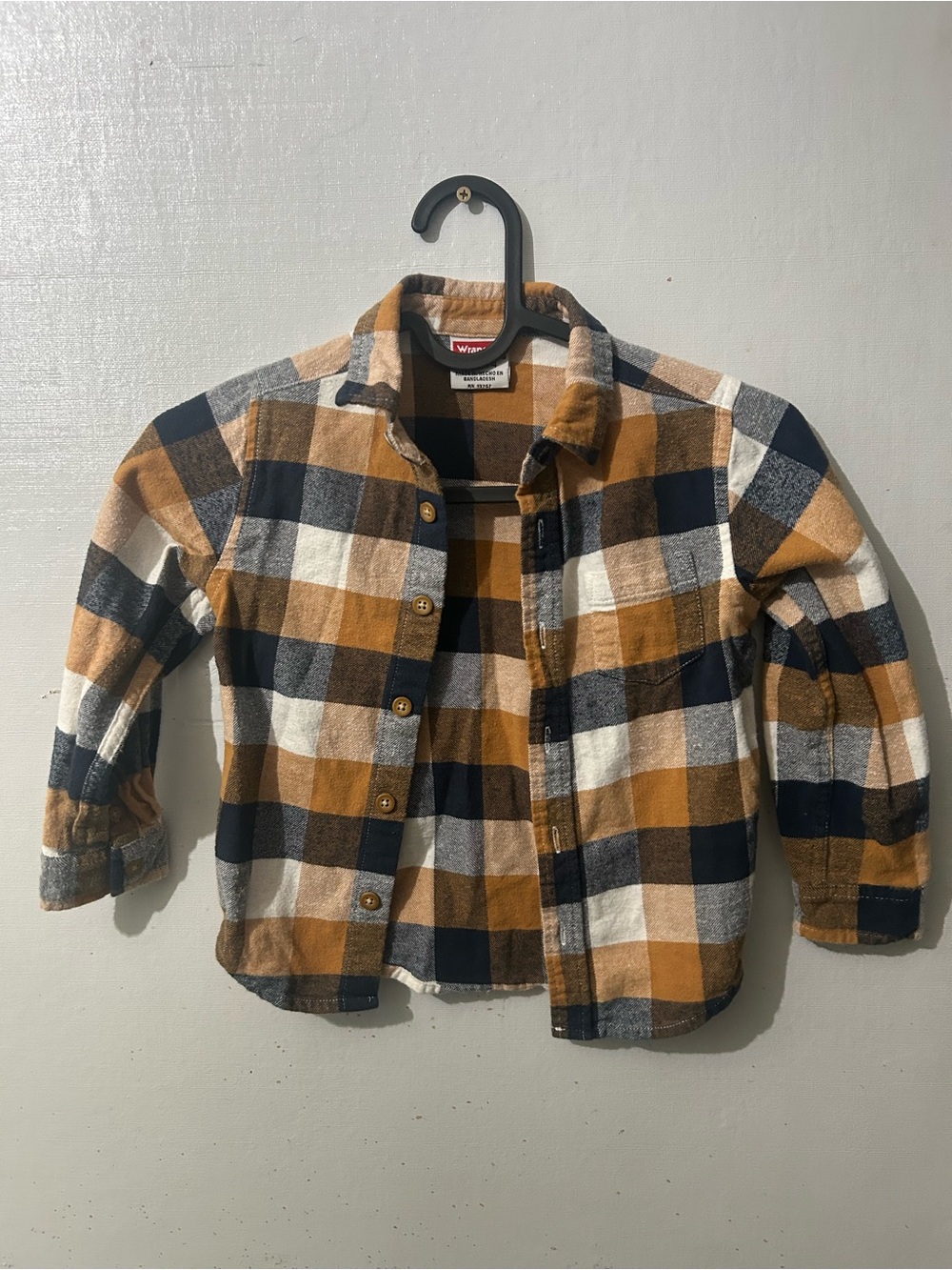 Wrangler Kids Plaid Button-Down Shirt Jacket in Mustard, Navy & Cream